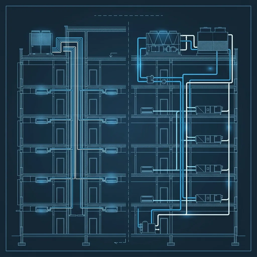 Diagrama técnico comparativo VRV vs sistemas de agua
